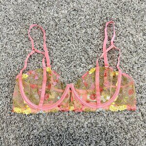 Mapale Sheer Floral Embroidered Balconette Bra Women's Size S.